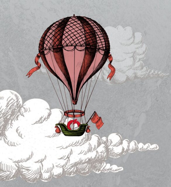 Illustration eines Heißluftballons über Wolken im Collagenstil als Bühnenmotiv für ÖBB Animationsvideos bei Mitarbeiteraward
