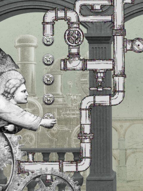 Illustration im Collagenstil mit Zahnradfigur und Rohrsystem als animierte Szene aus ÖBB Animationsvideos zur Award-Verleihung