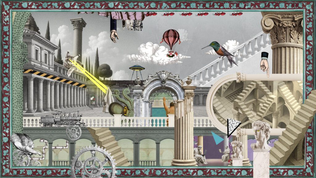 Wimmelbild im Collagenstil mit Figuren, Architektur, Maschinen und Elementen aus den ÖBB Animationsvideos zur Award-Verleihung