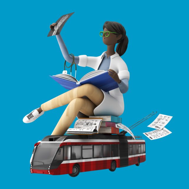3D-Illustration einer Studentin, die auf einem Bus sitzt und Lernunterlagen hält