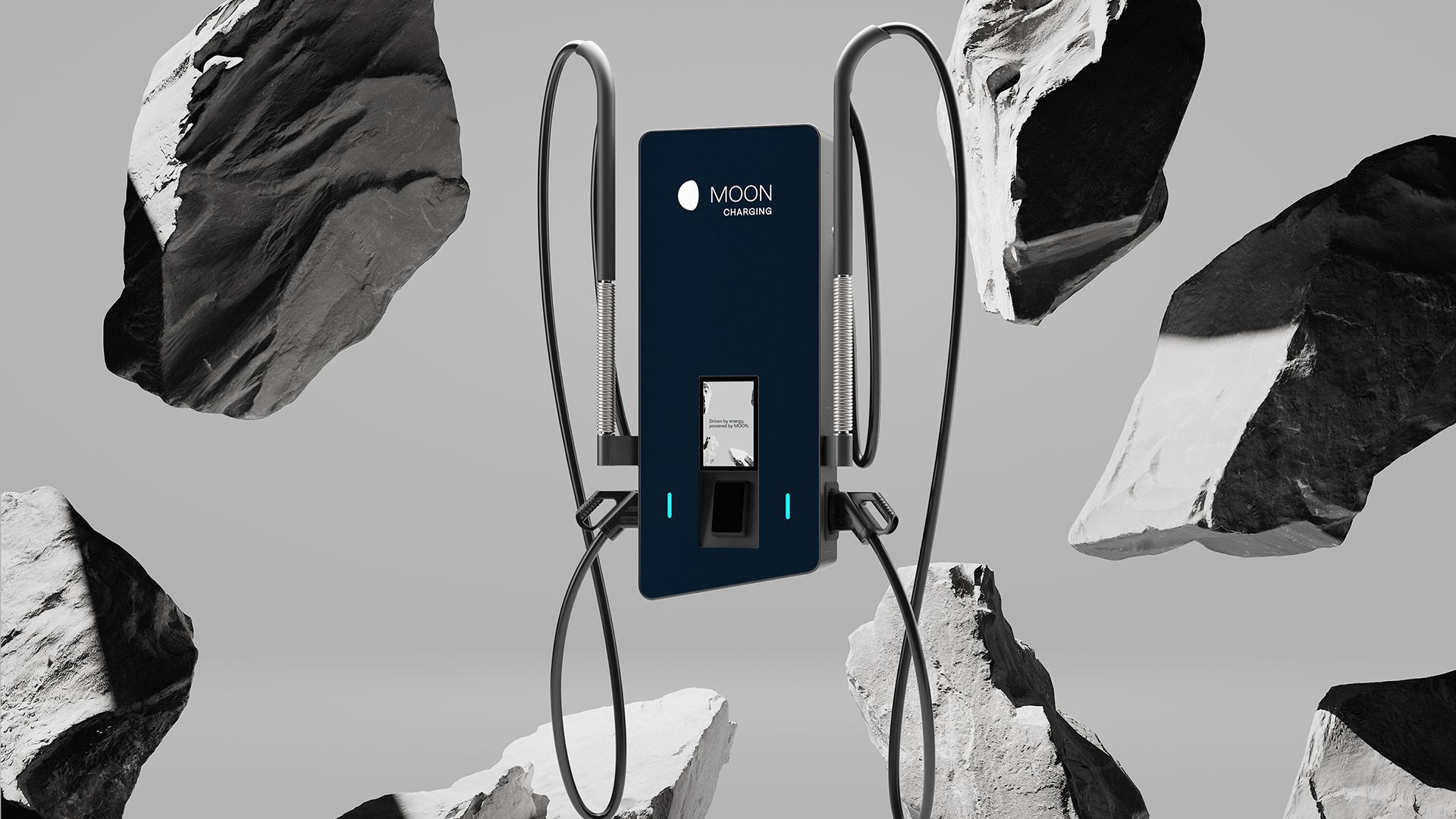 3D Visualisierung einer MOON Ladestation gestaltet von Wuger für den Markenrelaunch mit Fokus auf Branding Design und Elektromobilität