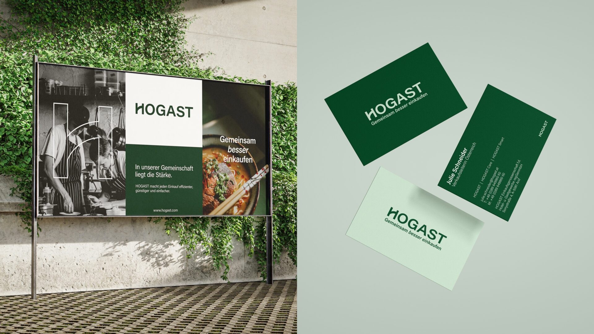 HOGAST Plakat und Visitenkarten mit neuem Corporate Design und Claim – Markenauftritt umgesetzt von WUGER Hospitality.
