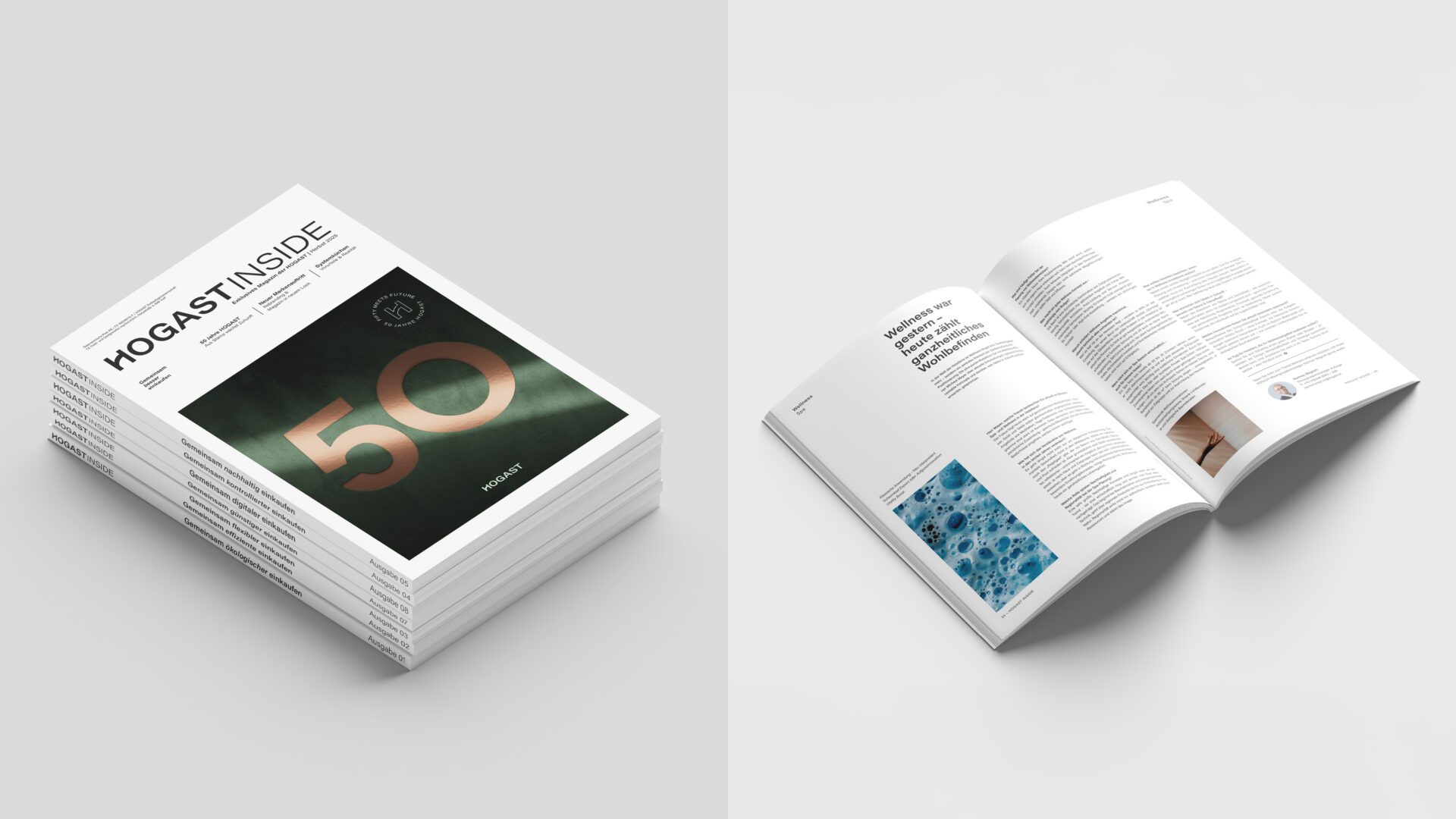 HOGAST Inside Magazin mit Jubiläumstitel und offenem Innenteil – Editorial Design und Markenkommunikation umgesetzt von WUGER Hospitality.