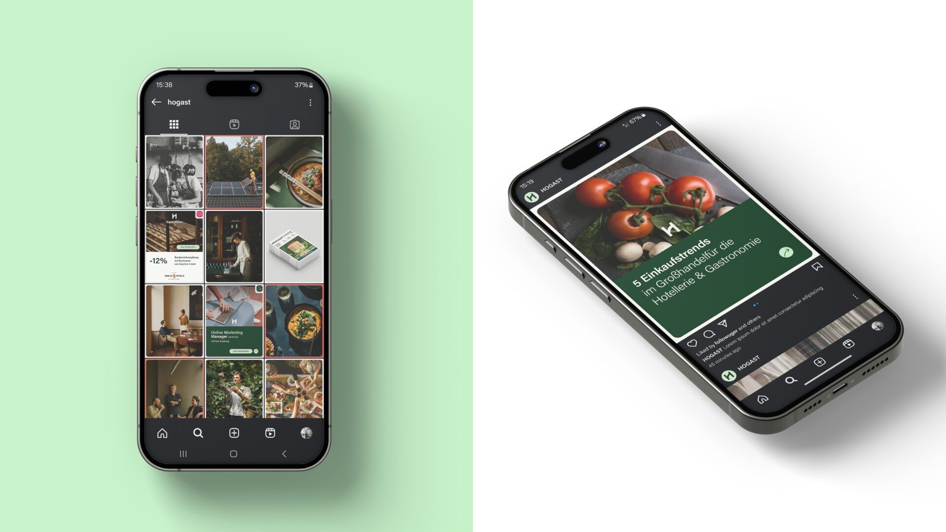 HOGAST Social-Media-Auftritt auf zwei Smartphones – digitales Branding und Content-Design umgesetzt von WUGER Hospitality.