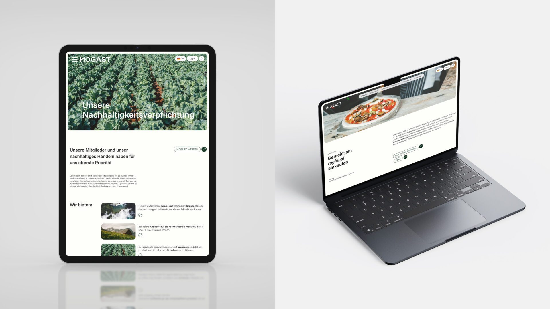 HOGAST Website auf Tablet und Laptop mit Fokus auf Nachhaltigkeit und Regionalität – Webdesign umgesetzt von WUGER Hospitality.