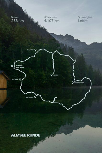 Tourenkarte vor Bergsee mit grafischer Routenführung als Social Media Format visualisiert von Wuger