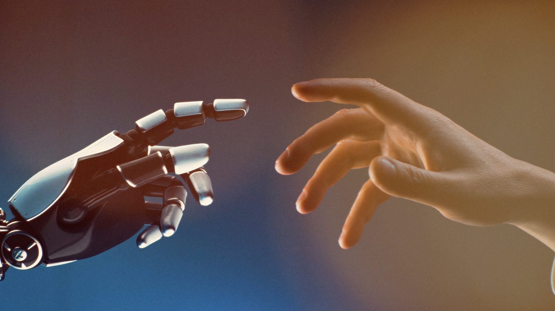 Menschliche Hand und Roboterhand kurz vor der Berührung aus dem Imagefilm für amsOSRAM produziert von Wuger zur Darstellung von Licht als Verbindung zwischen Mensch und Technologie
