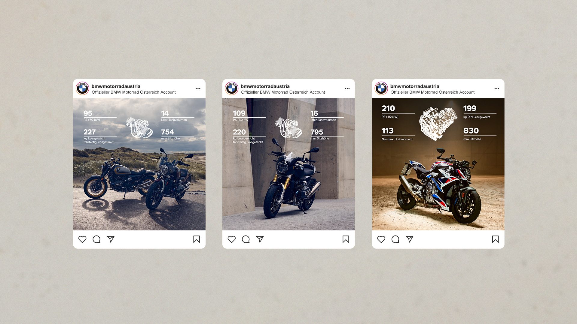 BMW Motorrad Österreich Social Media Posts mit Fahrzeugdaten, Contentstrategie und Design von Wuger