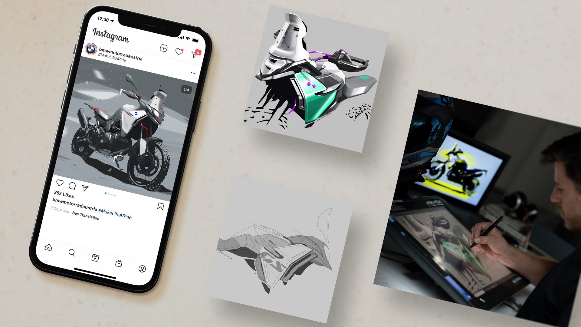 BMW Motorrad Österreich Social Media Beitrag mit Designskizzen und digitaler Illustration, Contentproduktion von Wuger