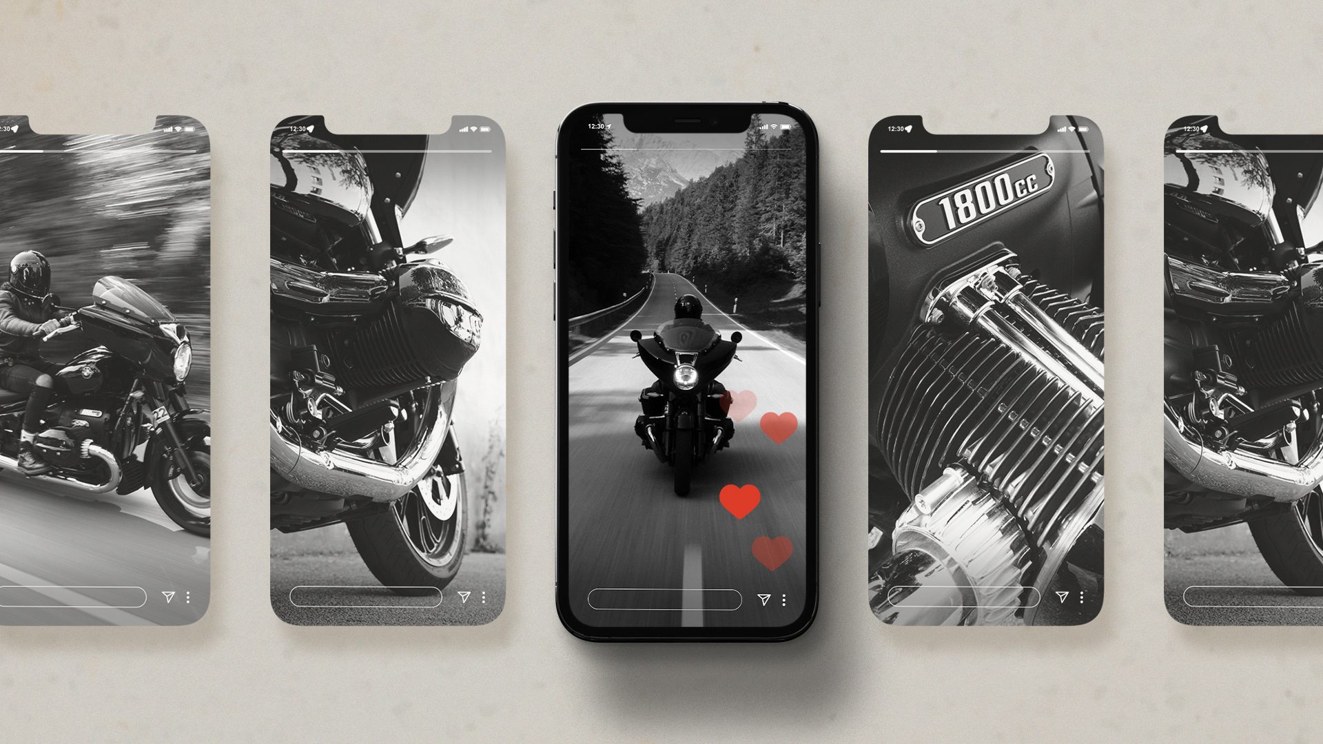 BMW Motorrad Österreich Social Media Stories in schwarz-weiß mit Fokus auf Fahrfreude und Markenemotion, entwickelt im Rahmen der Social Media Strategie von Wuger