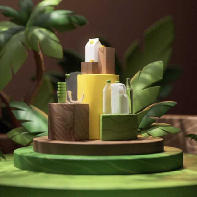 3D-Visualisierung nachhaltiger Verpackungsmaterialien im Werbeprojekt ‚Yes We Care‘ der Brückner Group, gestaltet von WUGER