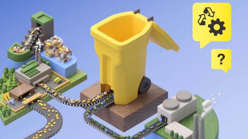 3D Szene mit gelbem Sammelbehälter und Förderbändern zeigt den Recyclingprozess für Verpackungen im Projekt 