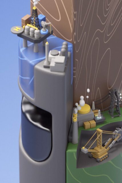 Detailansicht der 3D-animierten Nachhaltigkeitswelt von Wuger für das Brückner-Projekt ‚Yes We Care‘ mit industriellen und ökologischen Symbolen.