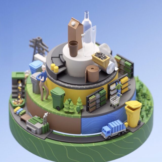 Eine symbolische Miniaturwelt zeigt den grünen Kreislauf von Verpackung und Recycling – Teil der nachhaltigen Markenkommunikation für Brückner Group von Wuger. 3D-Visualisierung des Recycling- und Verpackungskreislaufs im Nachhaltigkeitsprojekt „Yes We Care“ der Brückner Group, gestaltet von Wuger als Teil der Markenkommunikation für nachhaltige Kunststofflösungen