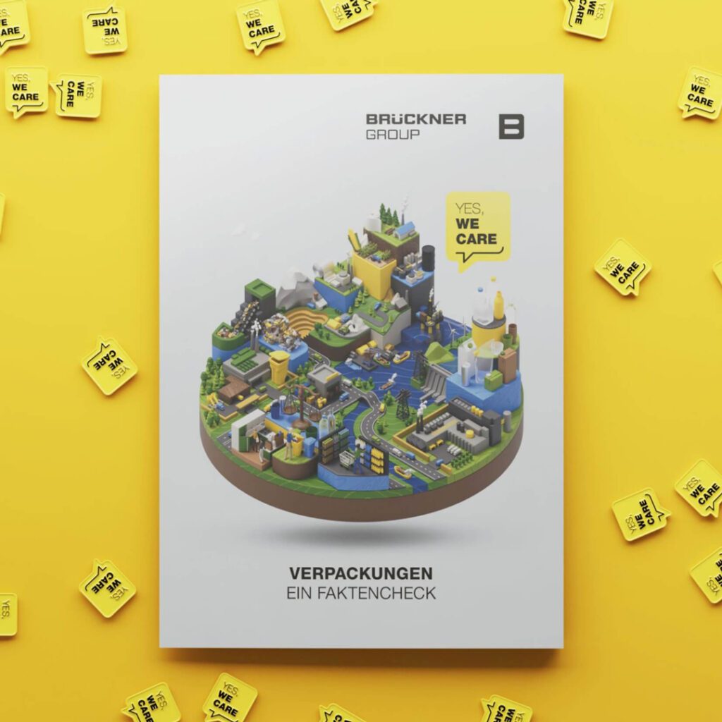 Cover des Nachhaltigkeits-Booklets „Verpackungen – Ein Faktencheck“ der Brückner Group im Rahmen der Initiative Yes We Care gestaltet von Wuger