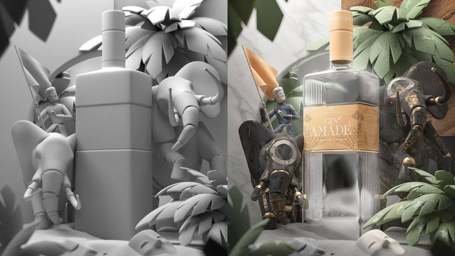3D Rendering des Gin Amadé mit Figuren und Elefanten gestaltet von Wuger als Teil des Brandings und Storytellings für die Marke Herr Werner