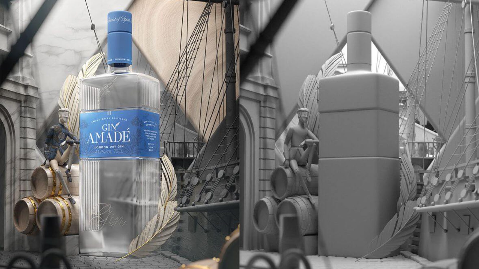 3D Visualisierung der Produktwelt für Gin Amadé mit Modellfigur und Schiffsszene gestaltet von Wuger für Herr Werner zur Inszenierung von Packaging Design und Markenstory