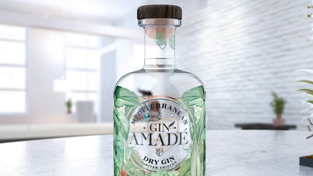 Produktvisualisierung der Gin Amadé Flasche gestaltet von Wuger mit Fokus auf Packaging Design Markenentwicklung und 3D Rendering für Herr Werner