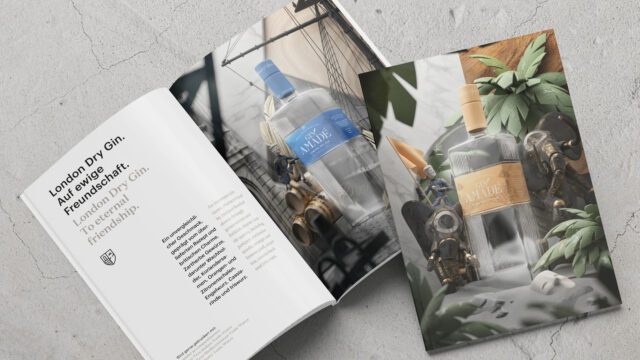 Wuger verbindet Produktdesign und Storytelling zu einer visuellen Markenwelt die Premiumspirituosen in Szene setzt und Wiedererkennung schafft. Magazinlayout mit zwei Varianten des Gin Amadé von Herr Werner gestaltet von Wuger mit Fokus auf Branding Packaging Design und 3D Visualisierung