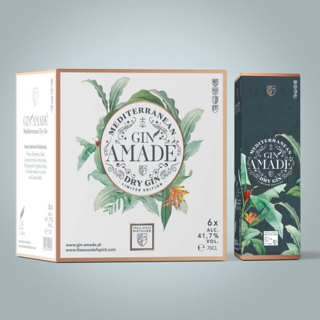 Verpackungsdesign des Mediterranean Dry Gin Amadé gestaltet von Wuger mit Fokus auf Branding Packaging und Produktvisualisierung für die Marke Herr Werner