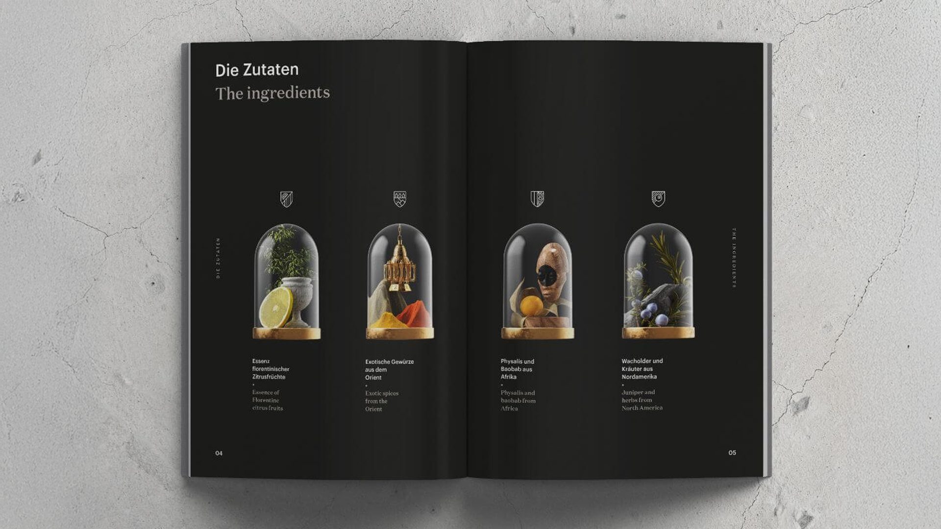 Doppelseite mit Zutateninszenierung des Gin Amadé gestaltet von Wuger als Teil des Editorial Designs und Brandings für Herr Werner