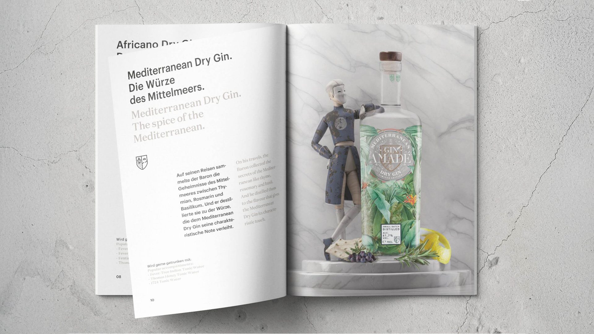 wuger-case-gin-amade-magazinDoppelseite eines Magazins mit dem Mediterranean Dry Gin Amadé gestaltet von Wuger als Teil des Brandings Packaging Designs und Storytellings für Herr Werner