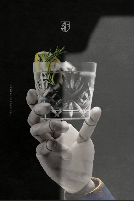 Plakatmotiv für Gin Amadé gestaltet von Wuger mit 3D Hand und Drink als Symbol für Design Storytelling und Markenästhetik der Spirituosenmarke Herr Werner