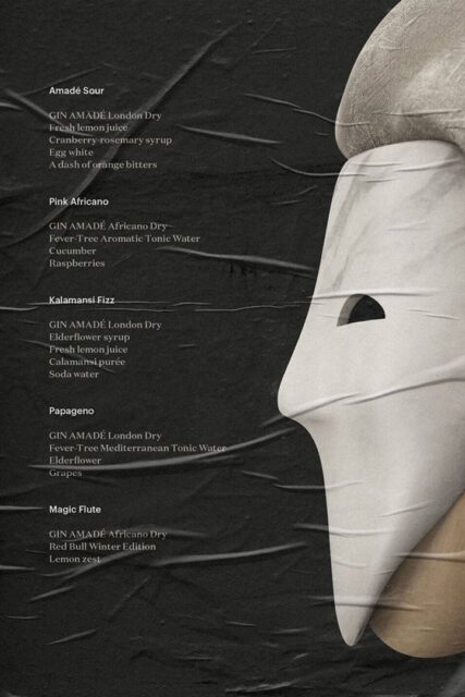 Posterdesign für Gin Amadé gestaltet von Wuger mit Maskenmotiv und Cocktailrezepten als Teil des Markenauftritts und Storytellings für Herr Werner
