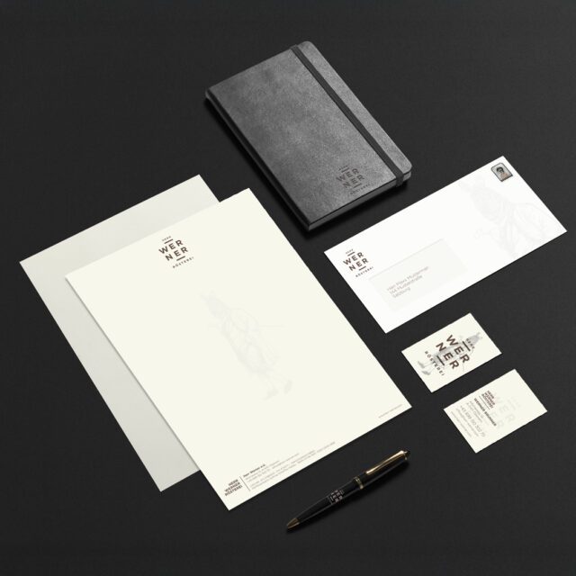 Geschäftsausstattung, gestaltet von Wuger mit Branding und minimalistischer Ästhetik