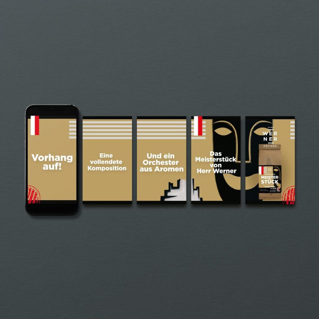 Smartphone und gestaltete Social Media Slides in goldschwarzer Ästhetik als digitales Branding Format umgesetzt von Wuger
