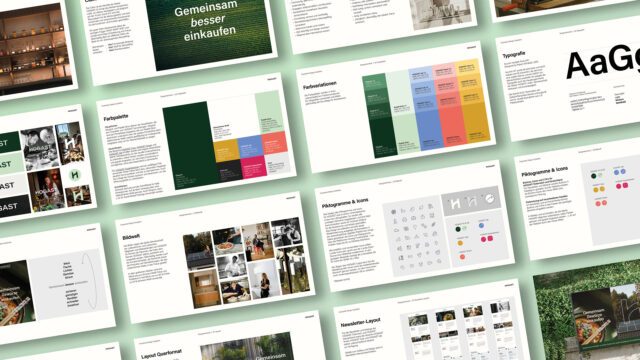 Vom Farbkonzept bis zur Bildwelt – WUGER Hospitality entwickelte das umfassende Corporate Design und Branding der HOGAST Gruppe. Layout-Übersicht des HOGAST Corporate Designs mit Farben, Typografie und Icons – entwickelt und umgesetzt von WUGER Hospitality.