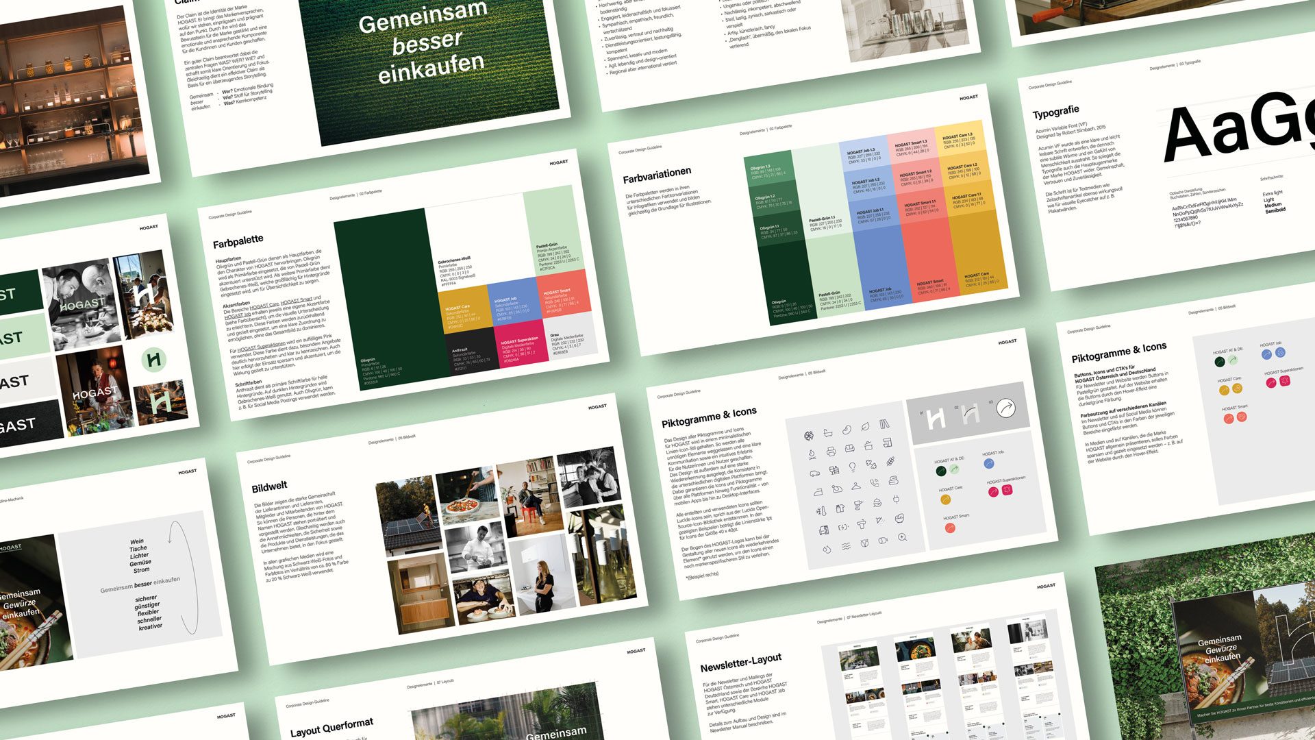Layout-Übersicht des HOGAST Corporate Designs mit Farben, Typografie und Icons – entwickelt und umgesetzt von WUGER Hospitality.