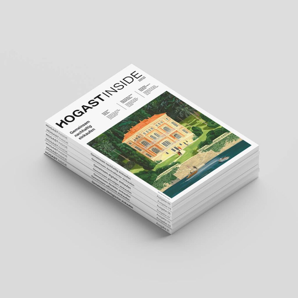Gestapeltes HOGAST Inside Magazin mit nachhaltigem Titelmotiv – Editorial Design und Markenkommunikation entwickelt von WUGER.