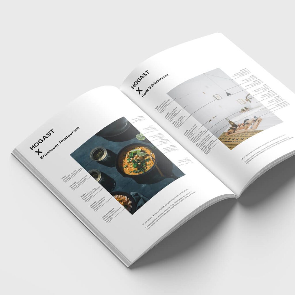 Aufgeschlagenes HOGAST Inside Magazin mit Food- und Interior-Fotografie – Editorial Design realisiert durch die Markenexperten von WUGER.