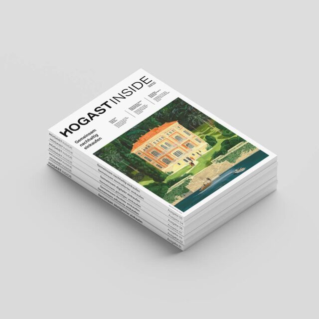 Print trifft Haltung – das HOGAST Inside Magazin, gestaltet von WUGER, zeigt Markenkommunikation mit Anspruch und Stil. Gestapeltes HOGAST Inside Magazin mit nachhaltigem Titelmotiv – Editorial Design und Markenkommunikation entwickelt von WUGER.