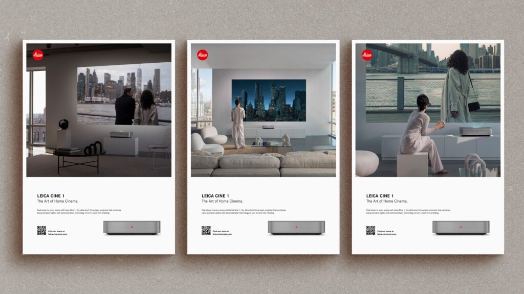 Drei Leica Cine 1 Werbeflyer zeigen unterschiedliche Kampagnenmotive in modernem Ambiente, gestaltet von WUGER. Design & Print.