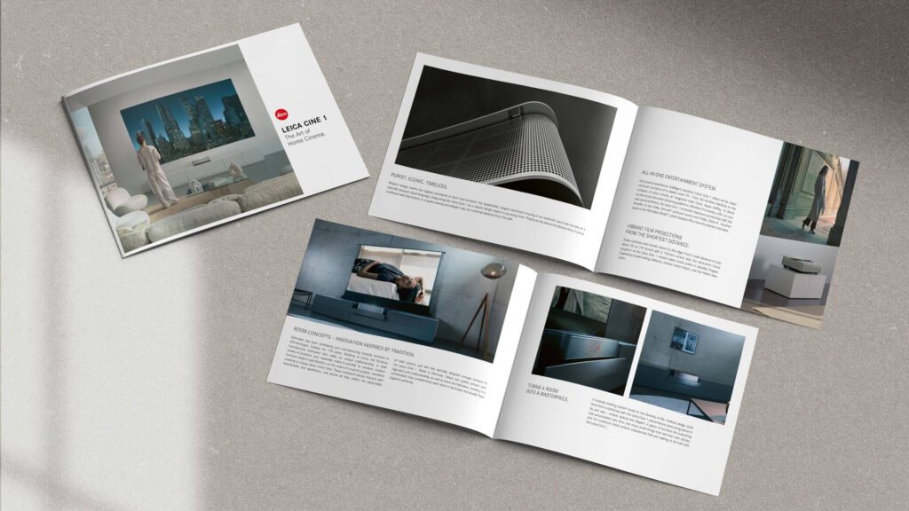 Leica Cine 1 Produktfolder mit Kampagnenmotiven und Design-Details – Premium-Print und Markenkommunikation gestaltet von WUGER.
