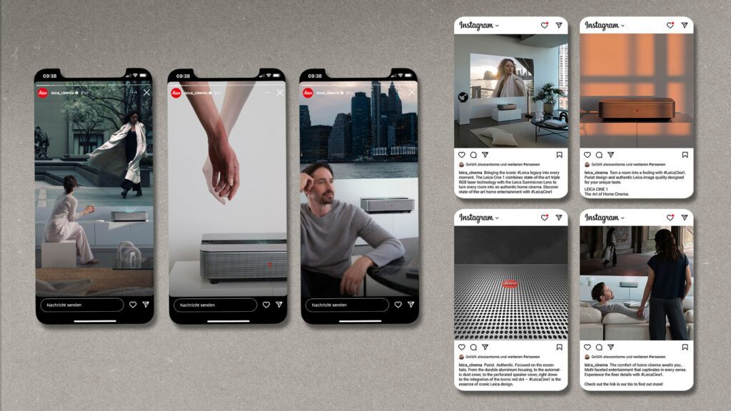 Mehrere Smartphones und Social-Media-Posts zeigen die Leica Cine 1 Kampagne mit Produktaufnahmen, Szenen und Story-Visuals – gestaltet von WUGER für Markenstrategie, Content und Design.