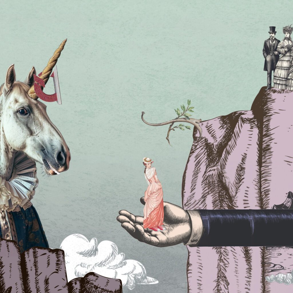 Surreale Collage mit Einhorn, historischer Figur und Klippe als Szene aus einem ÖBB Animationsvideo für die Kategorie Gute Tat