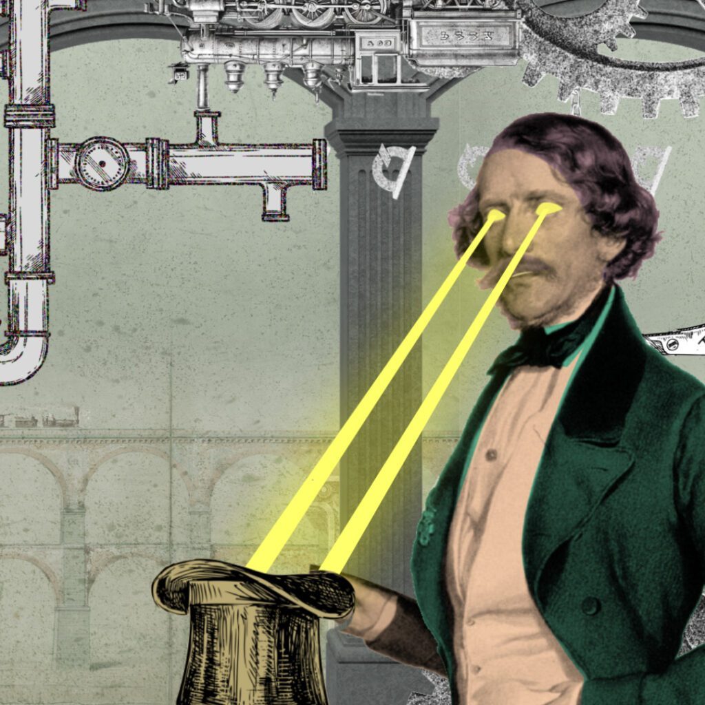 Illustration im Collagenstil mit historischer Figur, Laserblick und Maschinen als animierte Szene aus ÖBB Animationsvideos zur Awardshow