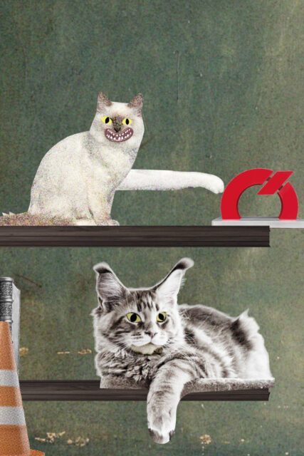 Illustration mit zwei Katzen auf Regalbrettern eine davon mit breitem Grinsen neben einer roten Skulptur