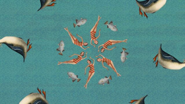 Animationsszene mit Schwimmerinnen im Pool in kreisförmiger Formation umgeben von Fischen und Vögeln