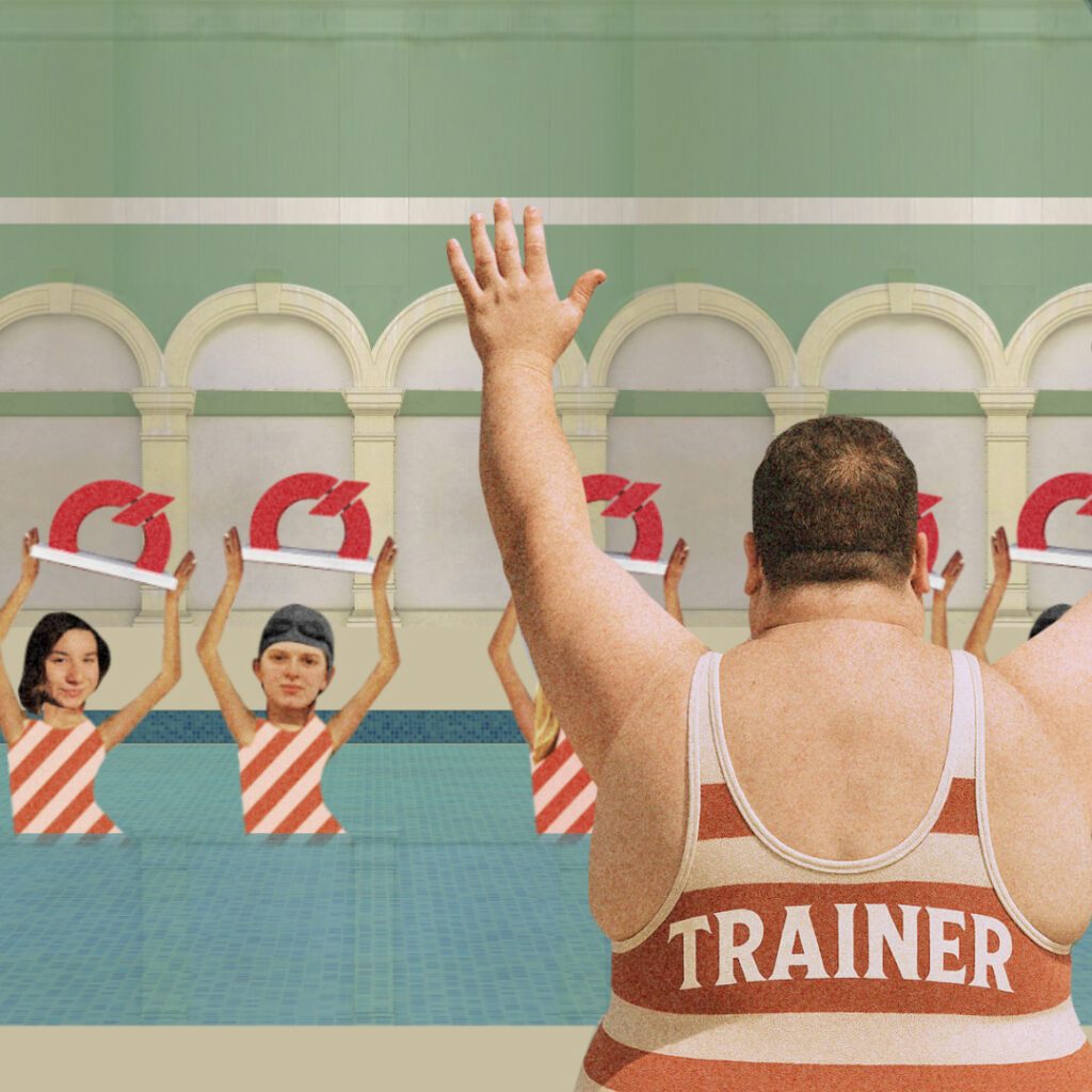 2D Collagen-Illustration eines Trainers im Schwimmbad mit Figuren in ÖBB Trikots als Szene aus Animationsvideos zur Award-Verleihung