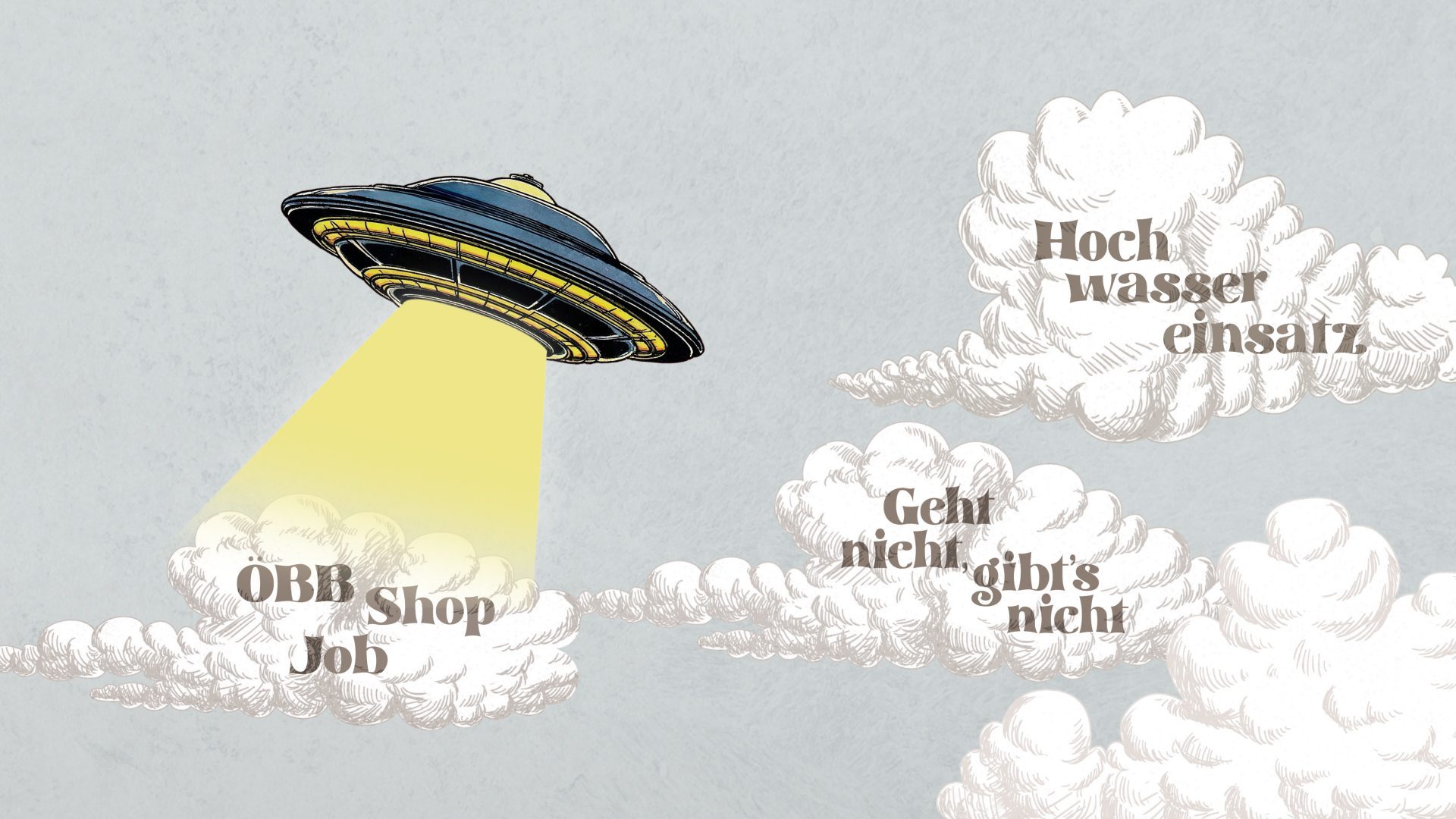 Illustration eines fliegenden Ufos mit Lichtstrahl zwischen Wolken mit Texten wie Hochwassereinsatz und ÖBB Shop Job