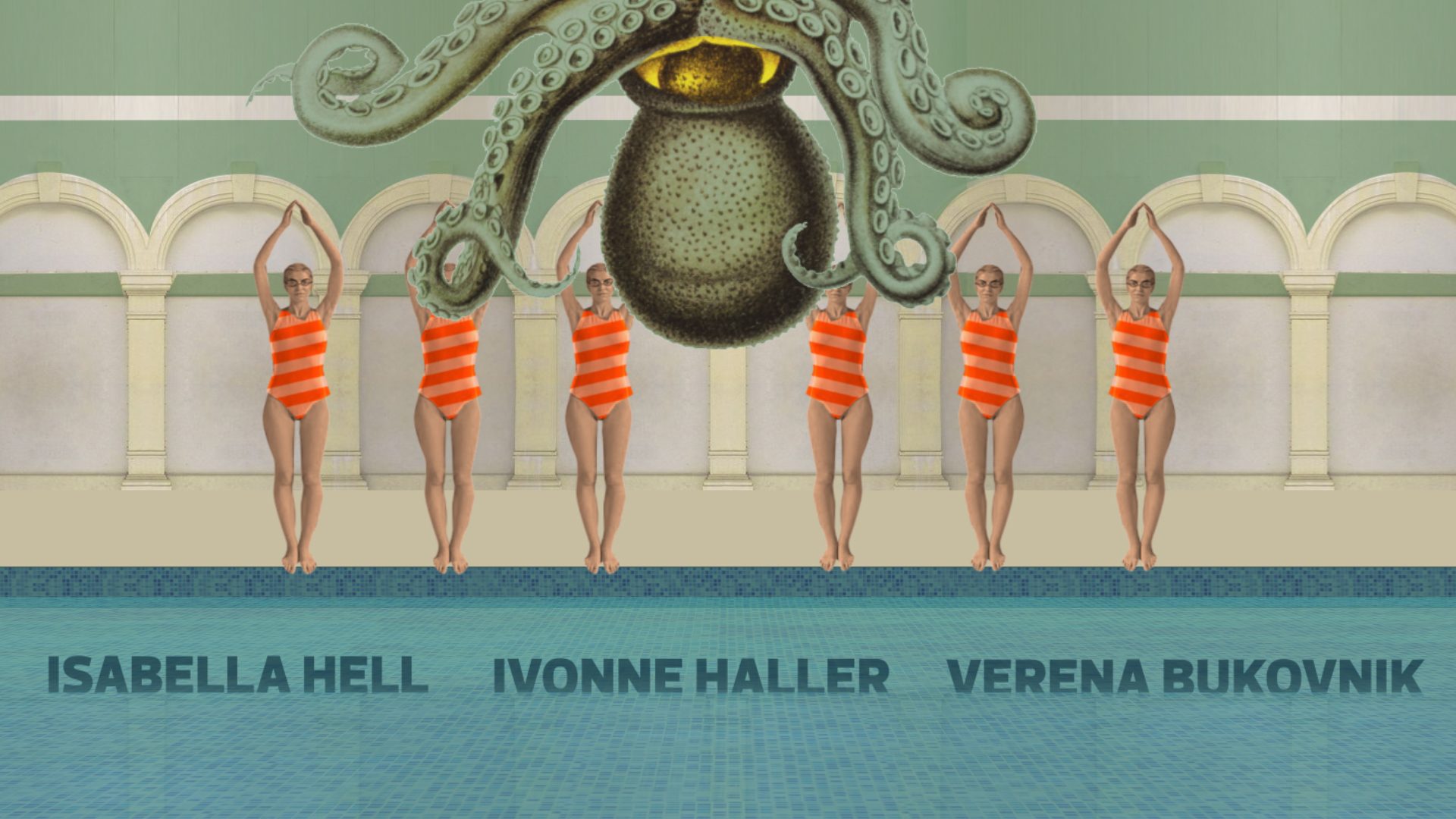 Collageartige Szene eines Animationsvideos mit Synchronschwimmerinnen im Pool und großem Oktopus über dem Becken