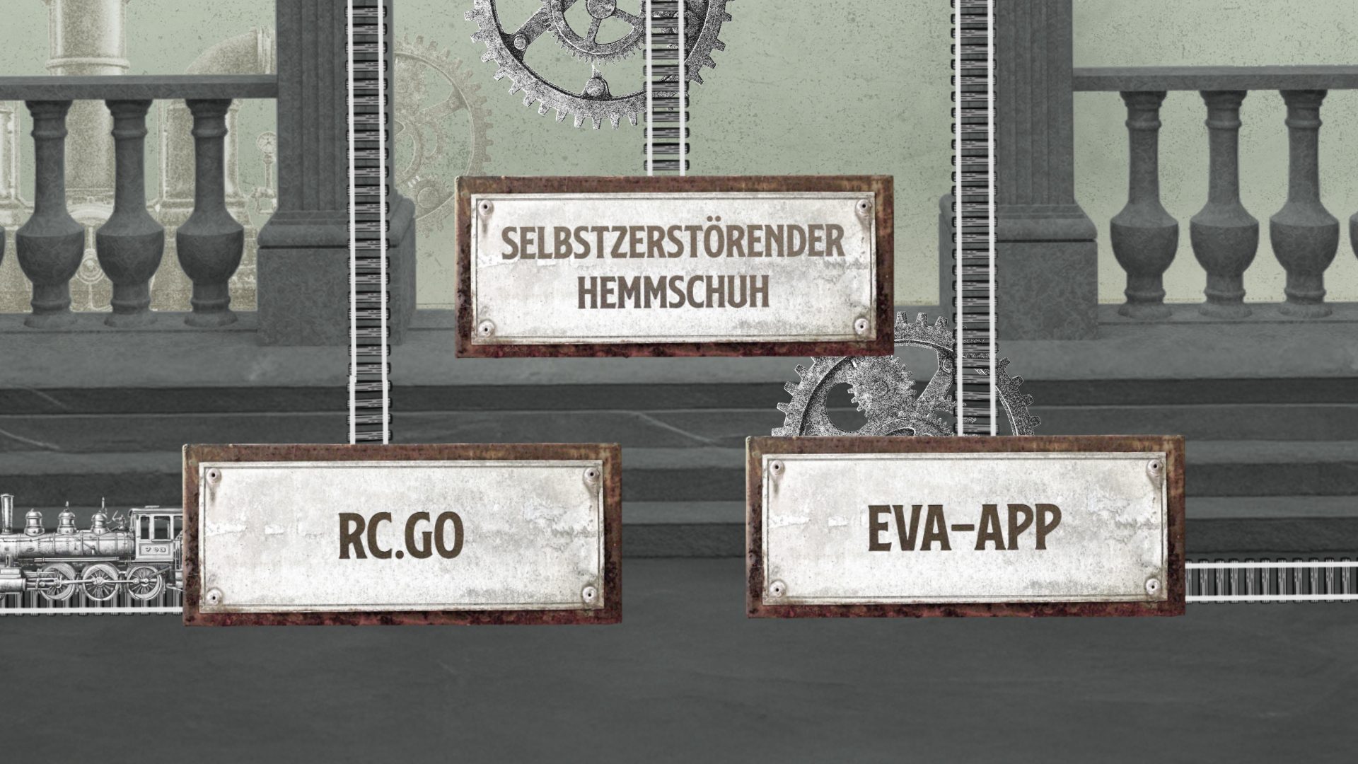 Illustration im Retro-Collagestil mit Eisenbahnschildern: „Selbstzerstörender Hemmschuh“, „RC.GO“ und „EVA-APP“ als humorvoll inszenierte Award-Kategorien