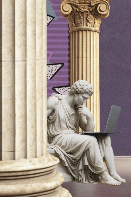 Detailausschnitt einer sitzenden Statue mit Laptop im Collagenstil als Szene aus humorvoll animierten 2D Animationsvideos