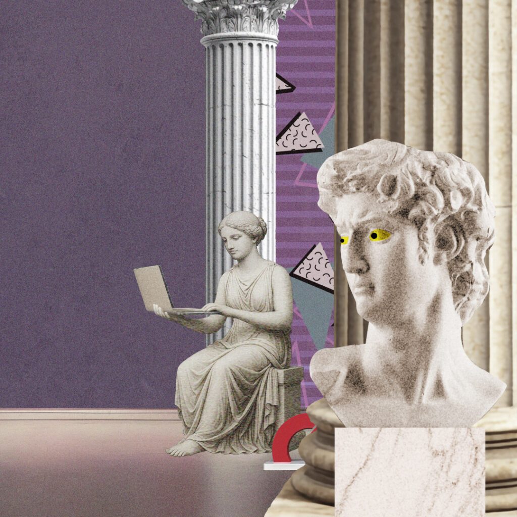 Illustration mit antiken Statuen und Laptop im Collagenstil als Szene eines ÖBB Animationsvideos für Mitarbeiteraward