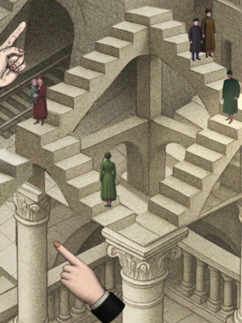 Illustration im Collagenstil mit perspektivisch verschachteltem Treppenhaus und Figuren aus ÖBB Animationsvideos zur Awardverleihung