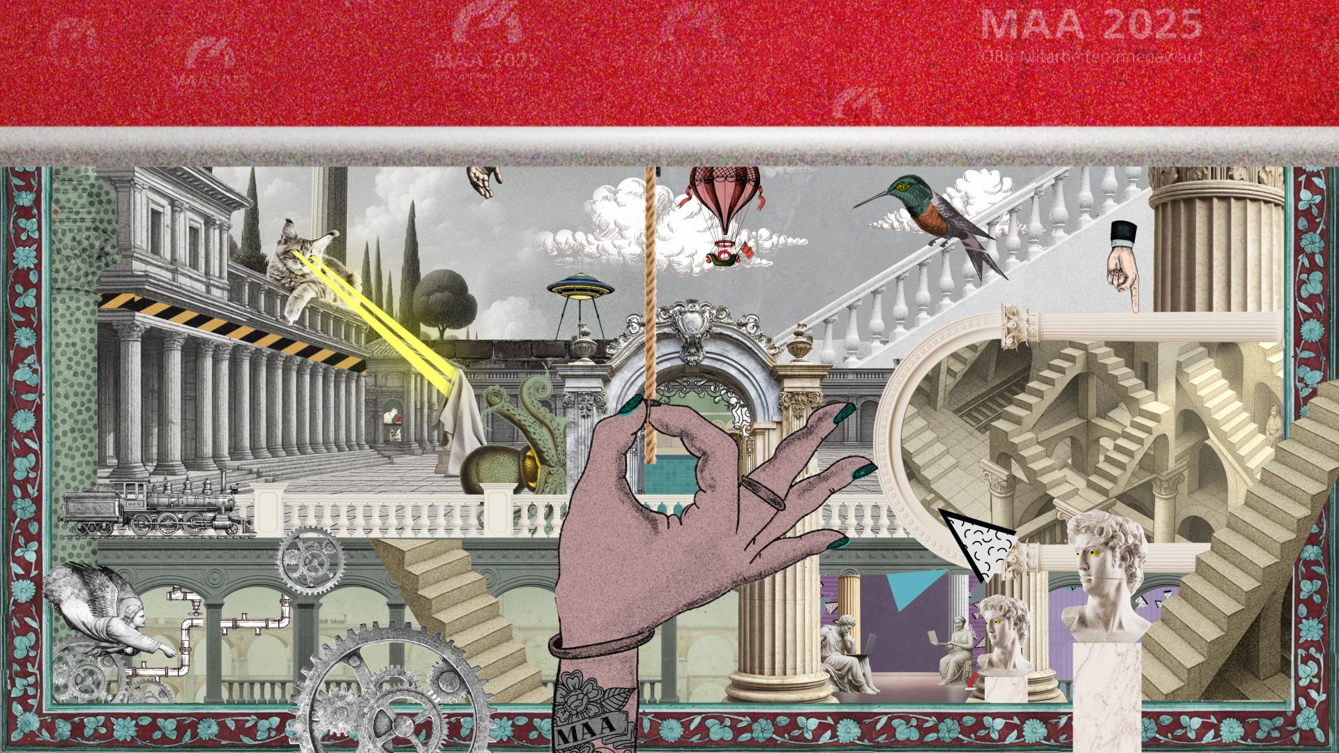 Animiertes Wimmelbild mit Collagenfiguren, Säulenarchitektur und gezeichneter Hand, die den Vorhang zur ÖBB Awardshow 2025 öffnet